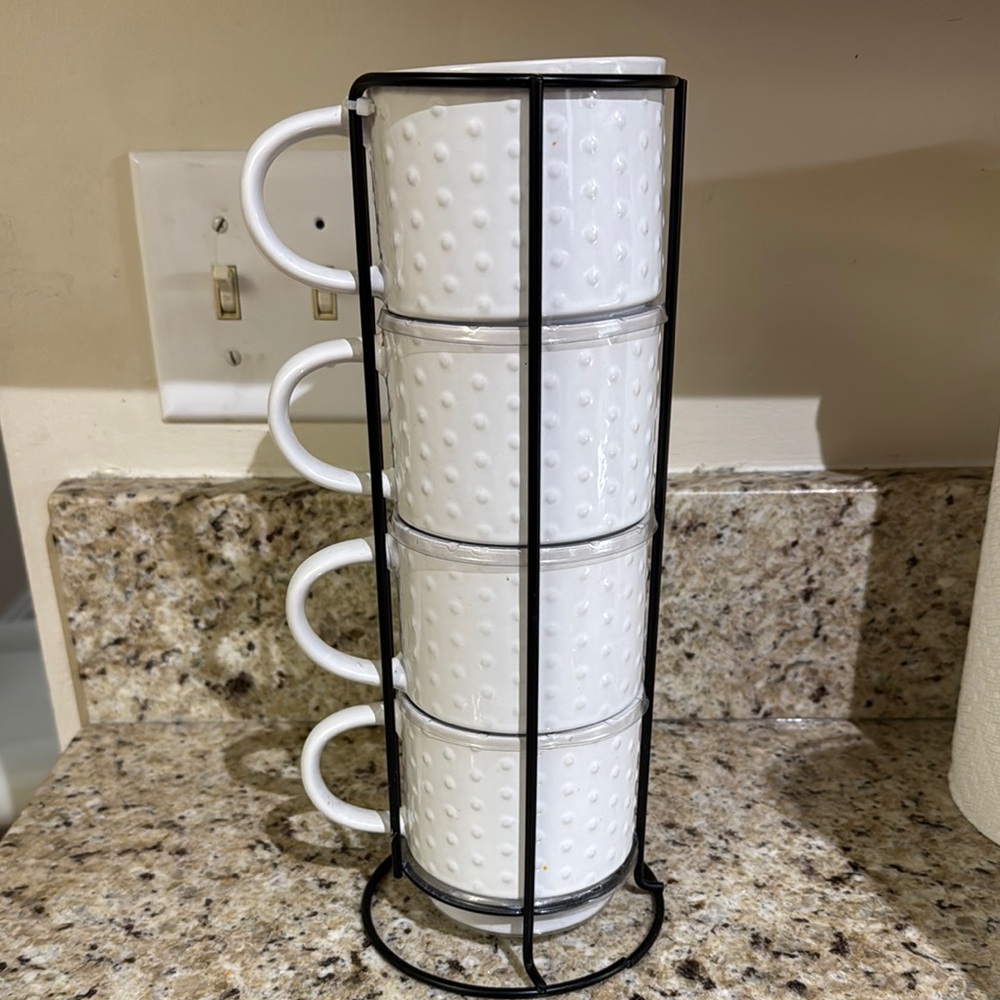 White Textured Stacking Mugs with Black Stand